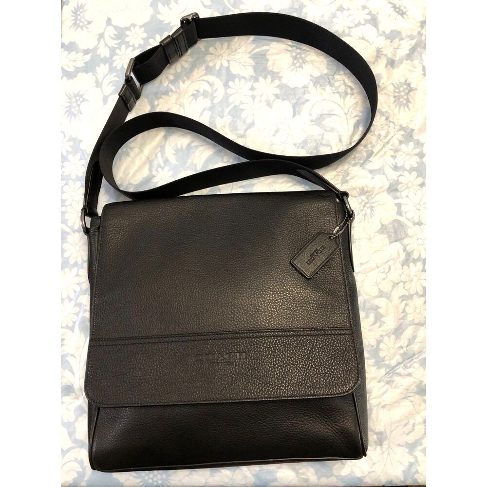 COACH 4007 Houston Map Bag Black Pebble Leather Messenger Crossbody Men Unisex